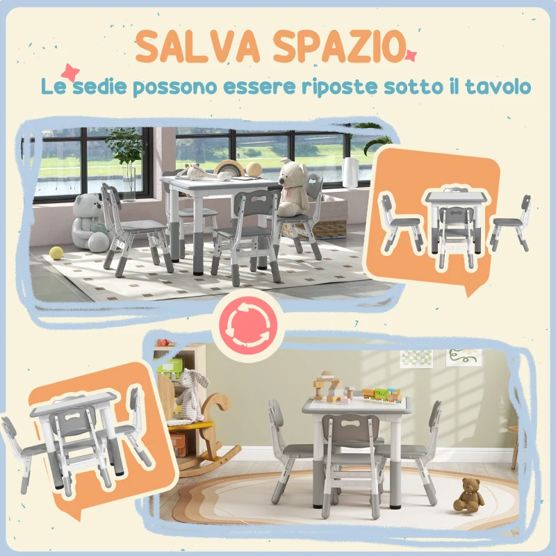 AIYAPLAY Set Tavolo e Sedie per Bambini 5pz con 4 Sedie Regolabili 32x36x52.5-56 cm e Tavolo 60x60x46-58 cm, Grigio