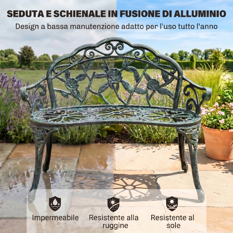 Outsunny Panca da Giardino 2 Posti in Ghisa e Alluminio, Stile Rétro con Decorazioni Floreali, Resiste alle Intemperie
