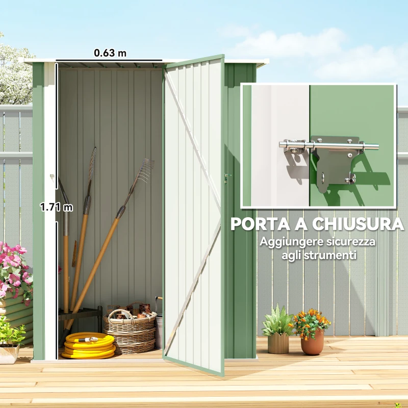 Outsunny Capanno Porta Attrezzi in Metallo con Tetto Inclinato e Porta Bloccabile, 142x86x189 cm, Verde Chiaro