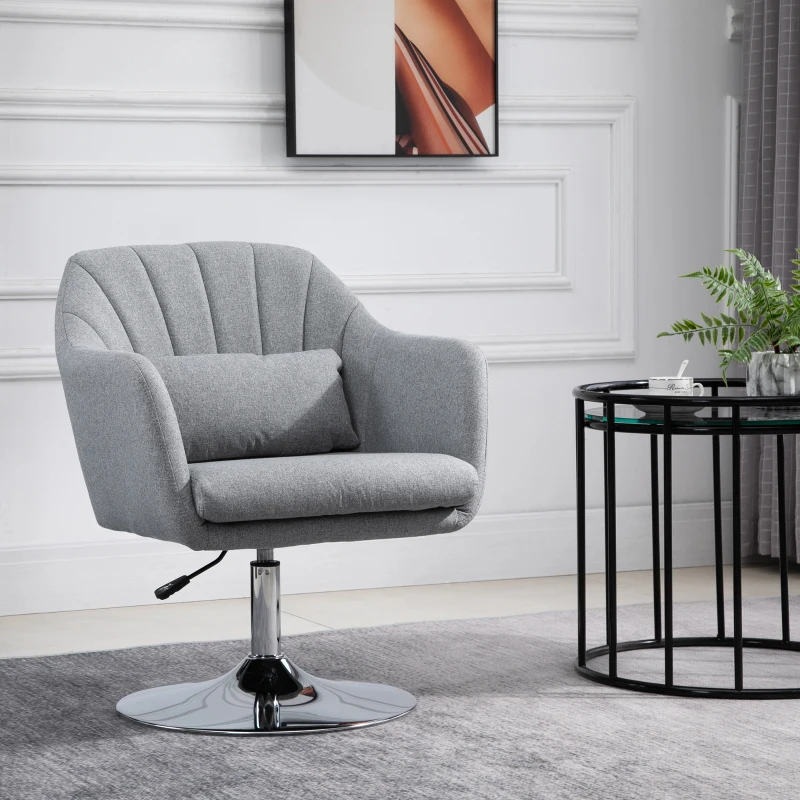HOMCOM Fauteuil de salon chaise relax fauteuil de chambre grand confort - coussins lombaires hauteur réglable pivotant 360° piètement en métal chromé - gris
