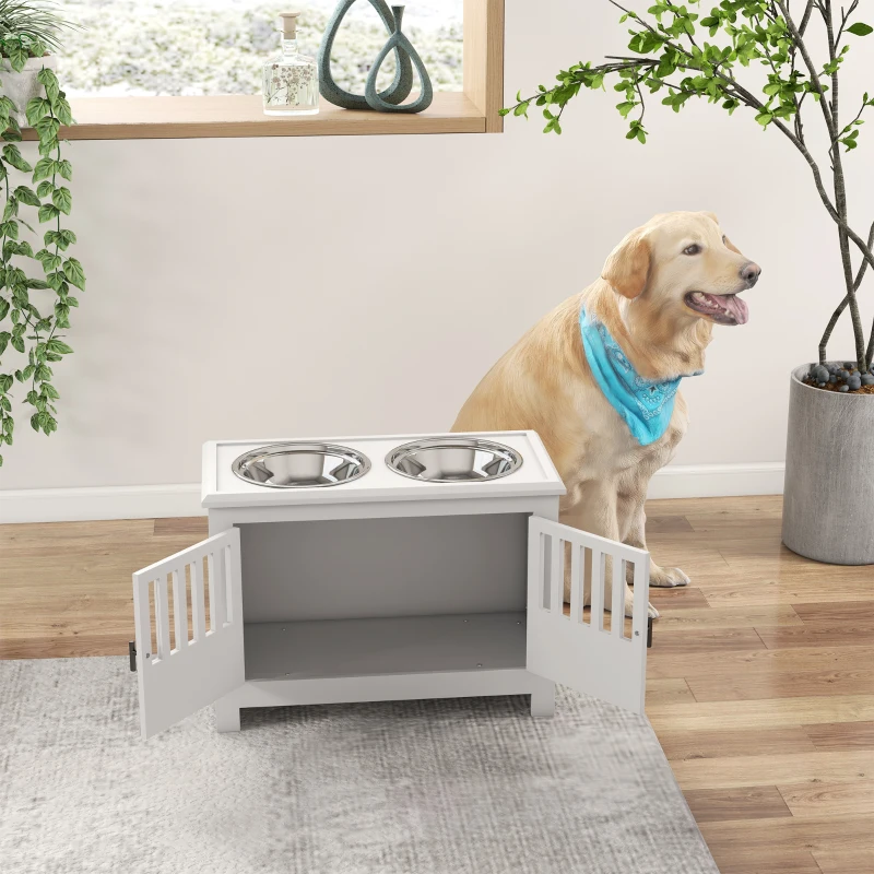 PawHut Comedouro Elevado para Cães com 2 Tigelas em Aço Inoxidável 2x2 L, Arrumação 37 L e 2 Portas com Trincos, Branco