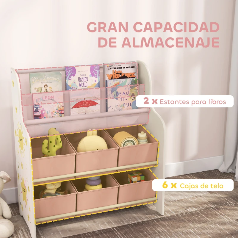AIYAPLAY Estantería Infantil para Juguetes con 6 Cajas Extraíbles de Tela no Tejida y 2 Estantes para Guardería 63x30x71 cm Rosa