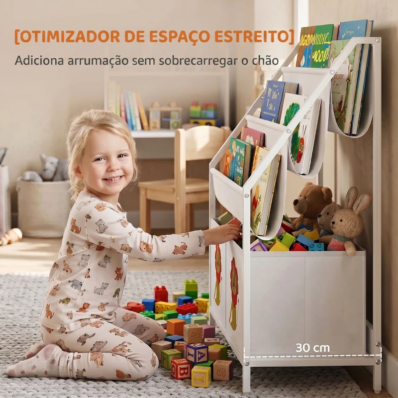 AIYAPLAY Estante Infantil para Livros 4 Níveis com 3 Prateleiras e 2 Gavetas em Tecido, Design Leão, Branco