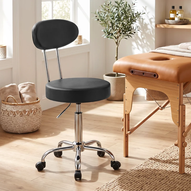 HOMCOM Sgabello con Ruote in Ecopelle PU, Regolabile, Seduta Imbottita e Schienale, Nero