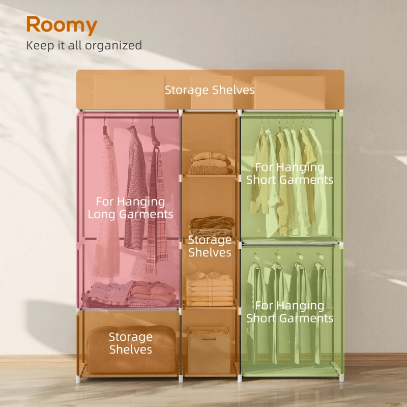 HOMCOM Portable Wardrobe, Open Clothes Wardrobe with 8 Shelves, 3 Hanging Rails, Light Grey