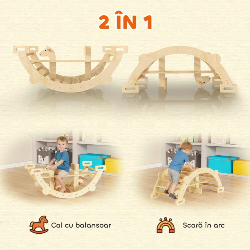 AIYAPLAY Arc Montessori din Lemn pentru Copii 2-4 Ani Convertibil în Leagăn 110x52x45 cm, Culoare Lemn