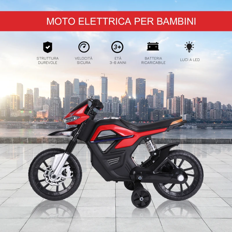 HOMCOM Moto Elettrica per Bambini da 6V con Rotelle, Fari e Musica, in PP e Metallo, 105x52.3x62.3 cm, Rosso
