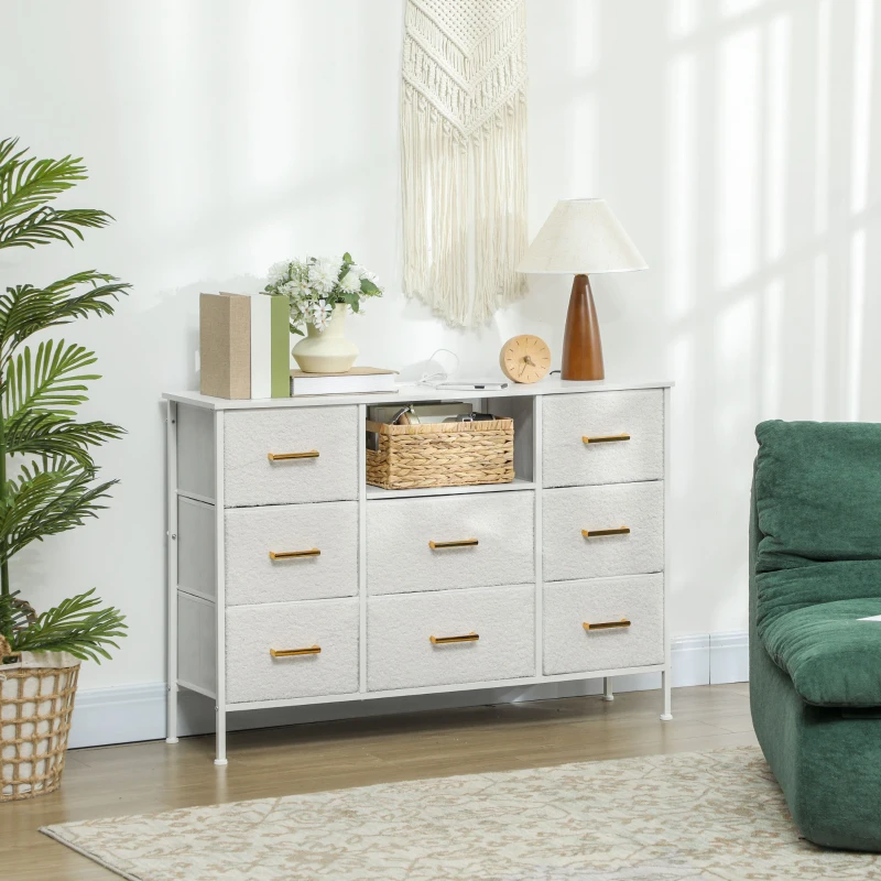 HOMCOM Commode 8 tiroirs en tissu bouclette, meuble de rangement avec 2 prises de courant, structure en acier 110x30x76cm crème