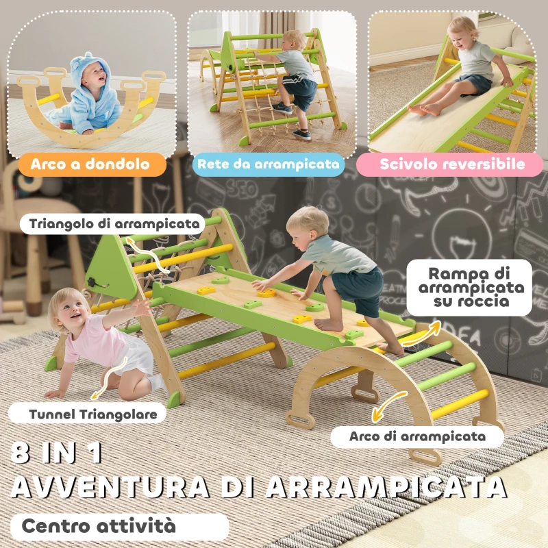 AIYAPLAY Gioco per Bambini 8 in 1 con Triangolo, Parete Liscia e Arco, in Legno di Pioppo e Pino, 191.5x74.5x63 cm
