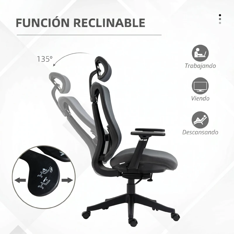 Vinsetto Silla de Escritorio de Malla con Reposacabezas Ajustable Soporte Lumbar y Reposabrazos 3D 70x66x128 cm Gris