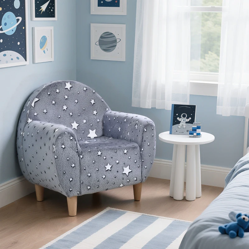 AIYAPLAY Poltrona para Crianças com Desenho de Estrelas que Brilham no Escuro Tecido Suave de Veludo 55x40x55 cm Cinzento