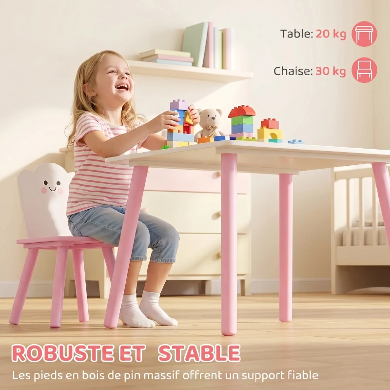 AIYAPLAY Table enfant avec chaise, ensemble table et 2 chaises en bois pour dessiner, jouer, étudier, rose