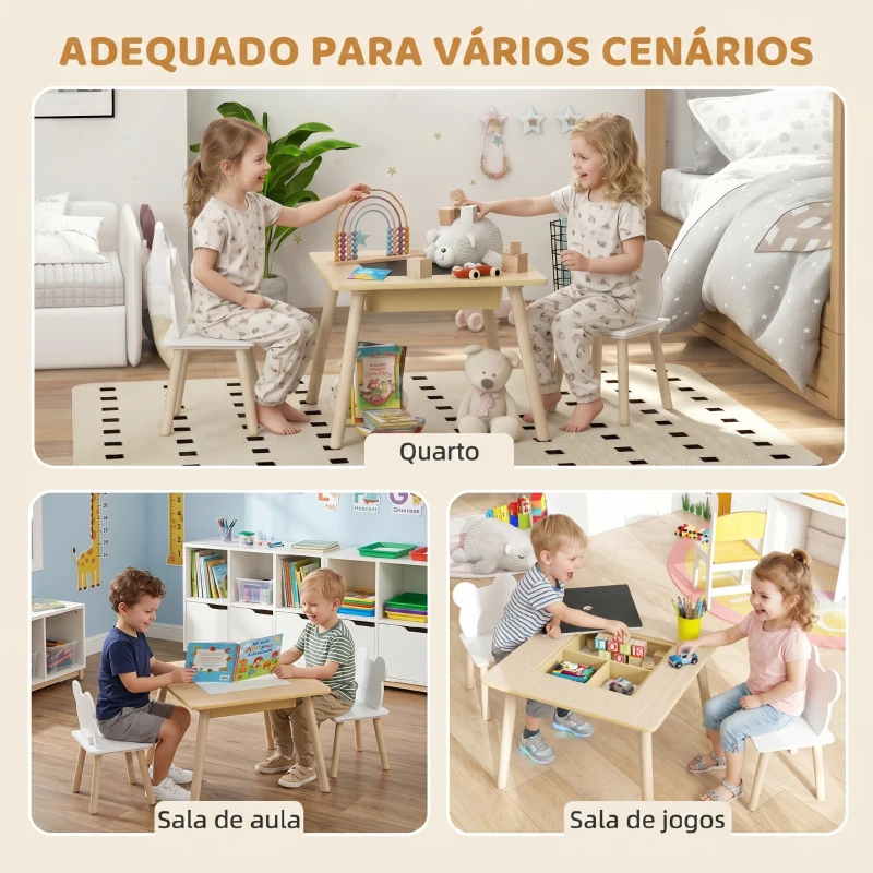 AIYAPLAY Conjunto de Mesa e 2 Cadeiras com Encosto em Forma de Ursinho e Compartimentos Ocultos Madeira e Branco