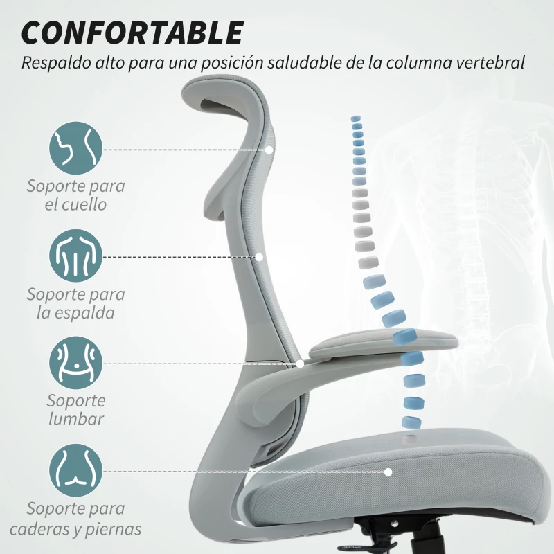 HOMCOM Silla de Oficina Ergonómica Giratoria de Malla con Soporte Lumbar Reposabrazos Abatibles Reposacabezas Basculante Gris