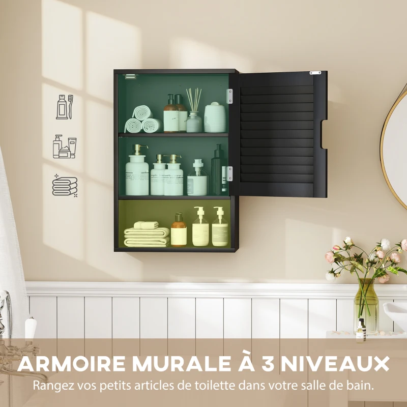 HOMCOM Armoire murale de salle de bain avec porte à lattes, étagère réglable et compartiment ouvert, 40x20x60cm, noir