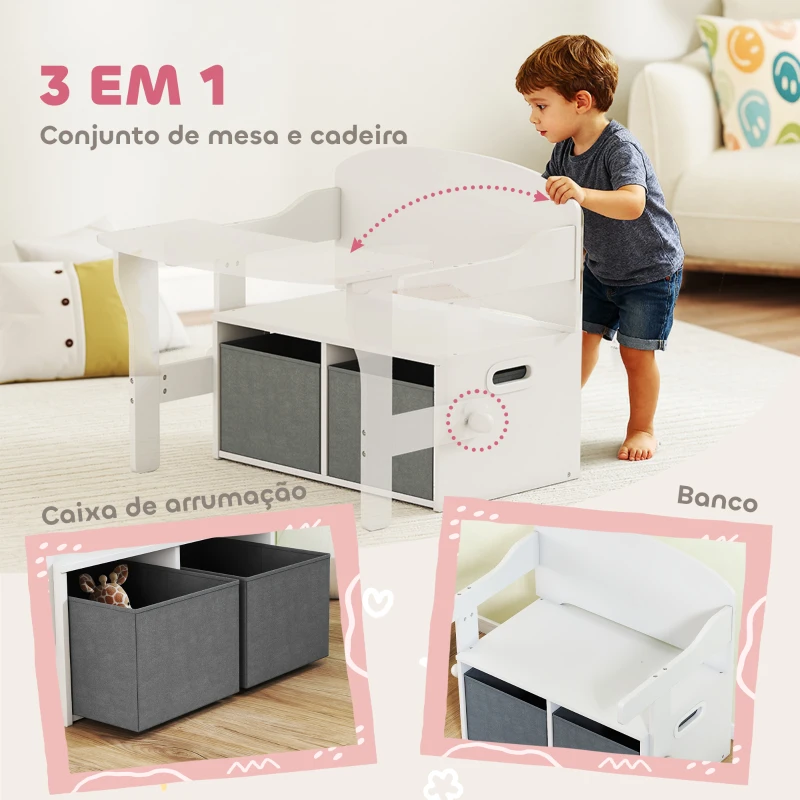 AIYAPLAY Banco para Crianças Conversível 3 em 1 Conjunto de Mesa e Cadeira Baú de Brinquedos com Cubos de Tecido Removíveis Branco