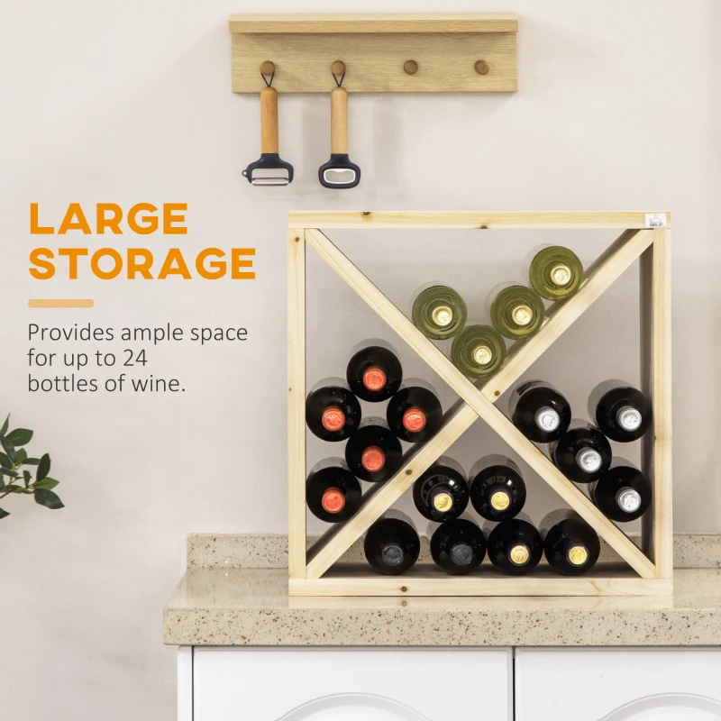 HOMCOM 24 Bottles Wine Rack, Solid Wood Wine Holder Stand, Natural Wood Finish
