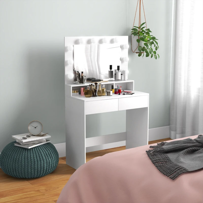 HOMCOM Coiffeuse avec miroir Hollywood, tiroirs, 3 modes d'éclairage, 10 ampoules, 80 x 40 x 135 cm, blanc
