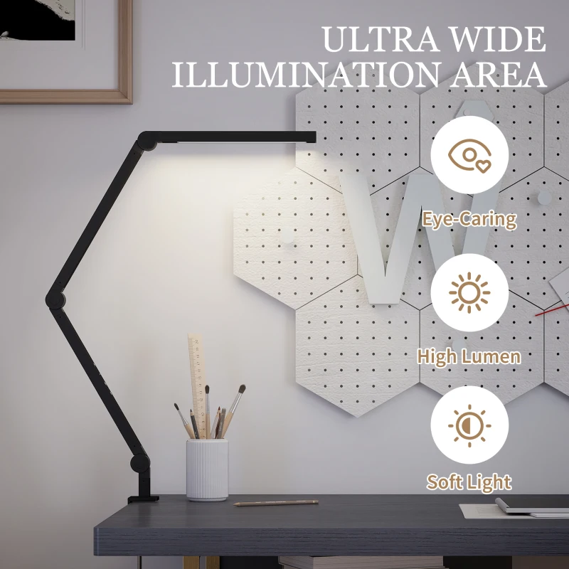 HOMCOM LED Desk Lamp, Dimmable Desk Light with Swing Arm and Clamp, Adjustable Eye-Caring Table Lamp with 2 Colour Modes & 5 Brightness Levels for Study, Drawing, Office, Architect, Task, Black
