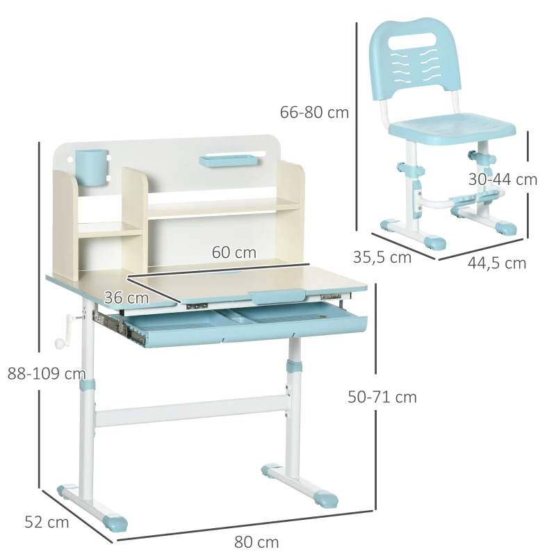HOMCOM Set Scrivania e Sedia per Bambini da 3 Anni Regolabile, Tavolo Inclinabile a 60° con Cassetto e Ripiani, Blu