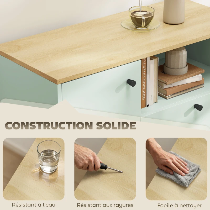 HOMCOM Buffet salon, meuble de rangement avec porte, 2 tiroirs, compartiment ouvert et étagère réglable, vert clair et chêne