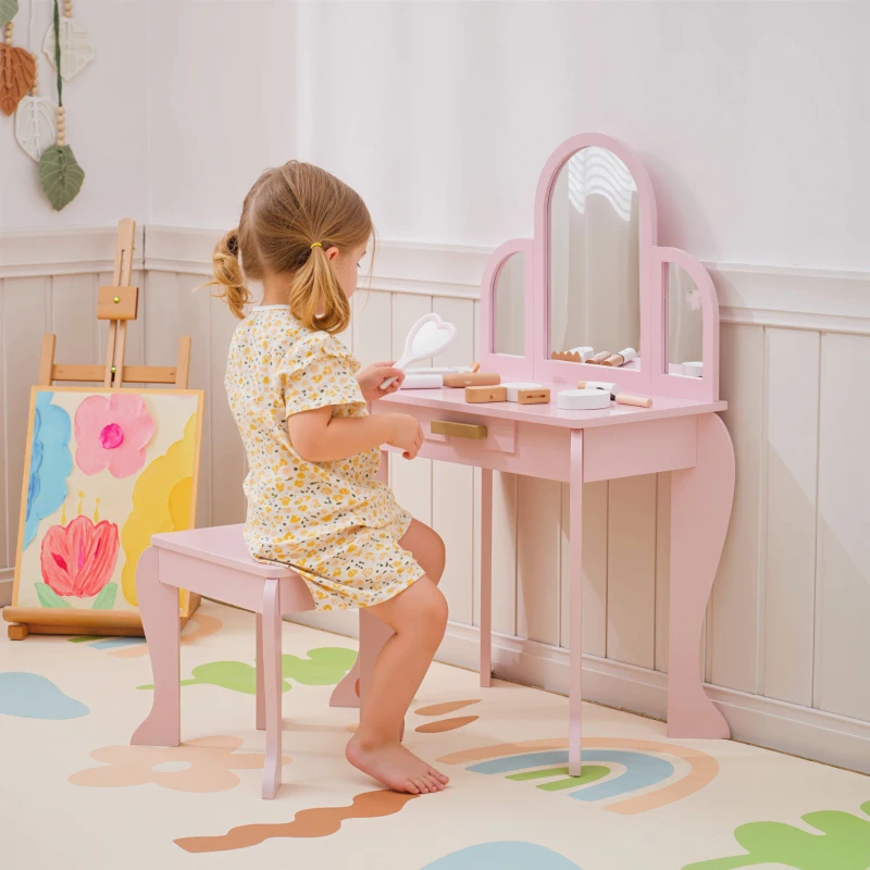 HOMCOM Coiffeuse pour enfant avec tabouret 3 miroirs et tiroir 3 à 6 ans 52 x 32 x 85 cm rose