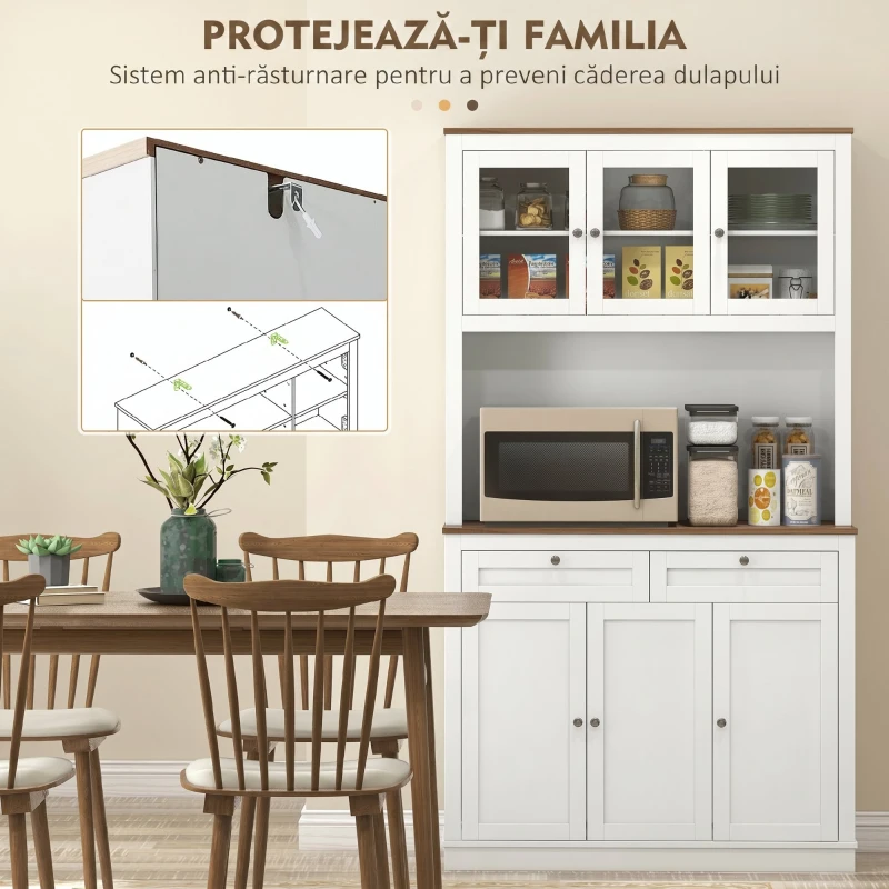 HOMCOM bufetieră înaltă de bucătărie cu 4 dulapuri, 2 sertare și blat central, 100x40x180 cm, alb