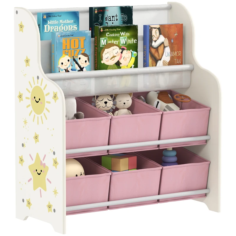 AIYAPLAY Raft de depozitare pentru jucării cu 6 sertare din material textil și bibliotecă pe 2 niveluri, din lemn și oțel, 63x30x71 cm, roz
