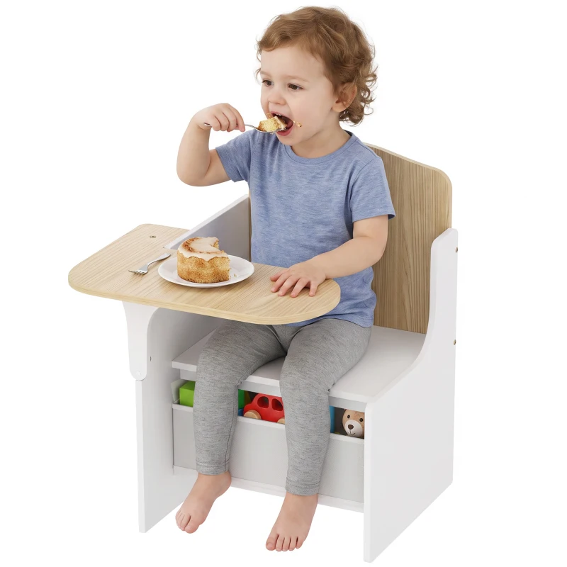AIYAPLAY Kindertisch mit Stuhl 2-in-1 Integrierte Kindersitzgruppe mit Stauraum Platzsparend für Kinder 3-5 Jahren Weiß