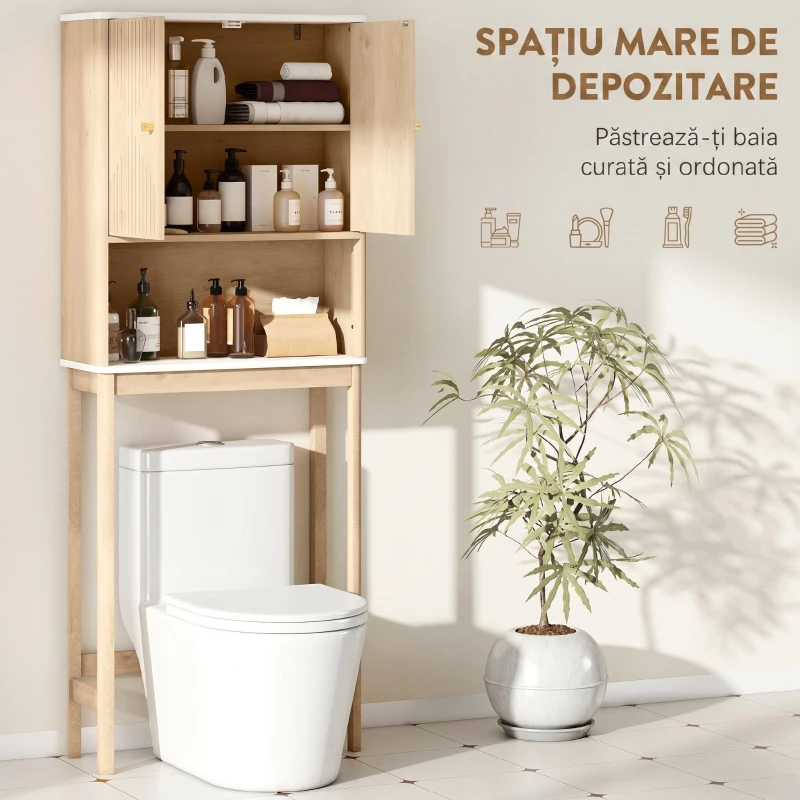 HOMCOM Dulap de Baie deasupra WC-ului cu 2 Uși și Raft Deschis, 66x25x168 cm, Stejar