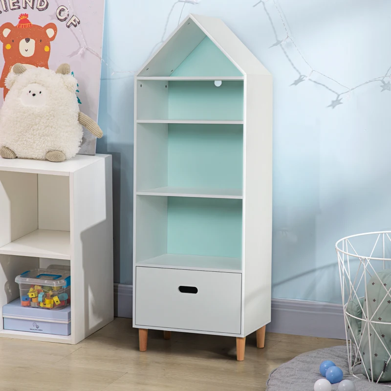 HOMCOM Estantería Infantil Librería de Madera para Niños para Libros Juguetes DVDs con 4 Estantes 1 Cajón Tablero de 2 Colores Diseño Compacto 50x30x142 cm Blanco
