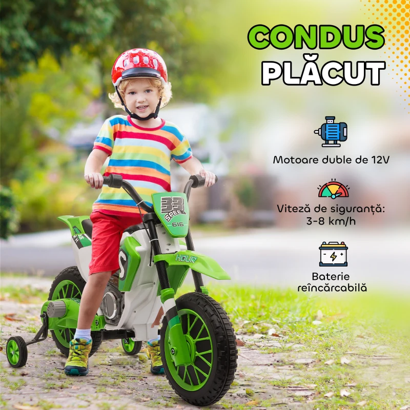 HOMCOM Motocicleta Electrica pentru Copii Baterie 12V Reincarcabila si Rotite Verde