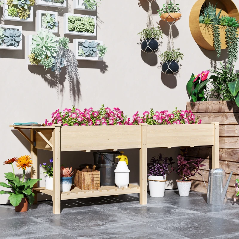 Outsunny Jardinière sur pieds carré potager de jardin sur pieds 2 bacs tablette étagère inférieure 207 x 59 x 78 cm bois naturel