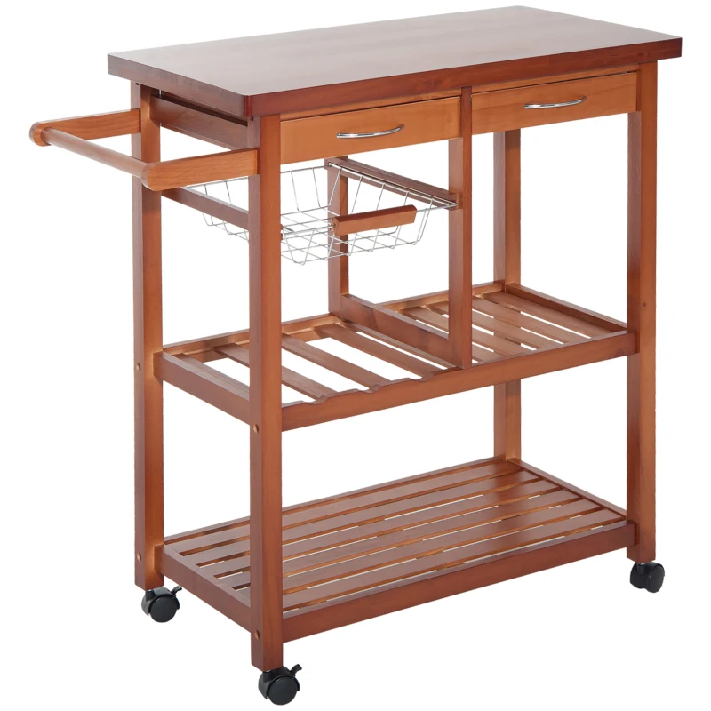 HOMCOM Carrito de Cocina Mesa Servicio Auxiliar Madera y Metal Cromado con 4 Ruedas 2 Cajones y Botellero