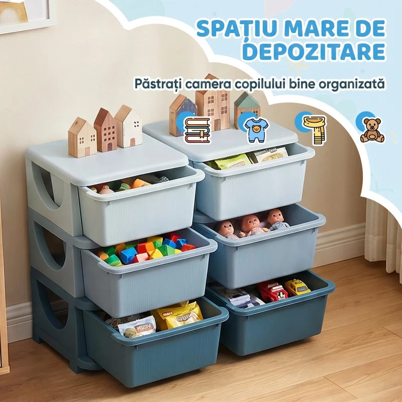 HOMCOM Comodă cu 6 Sertare pentru Copii 3-6 Ani cu Margini Rotunjite, din PP Albastru, 75x37x56.5 cm