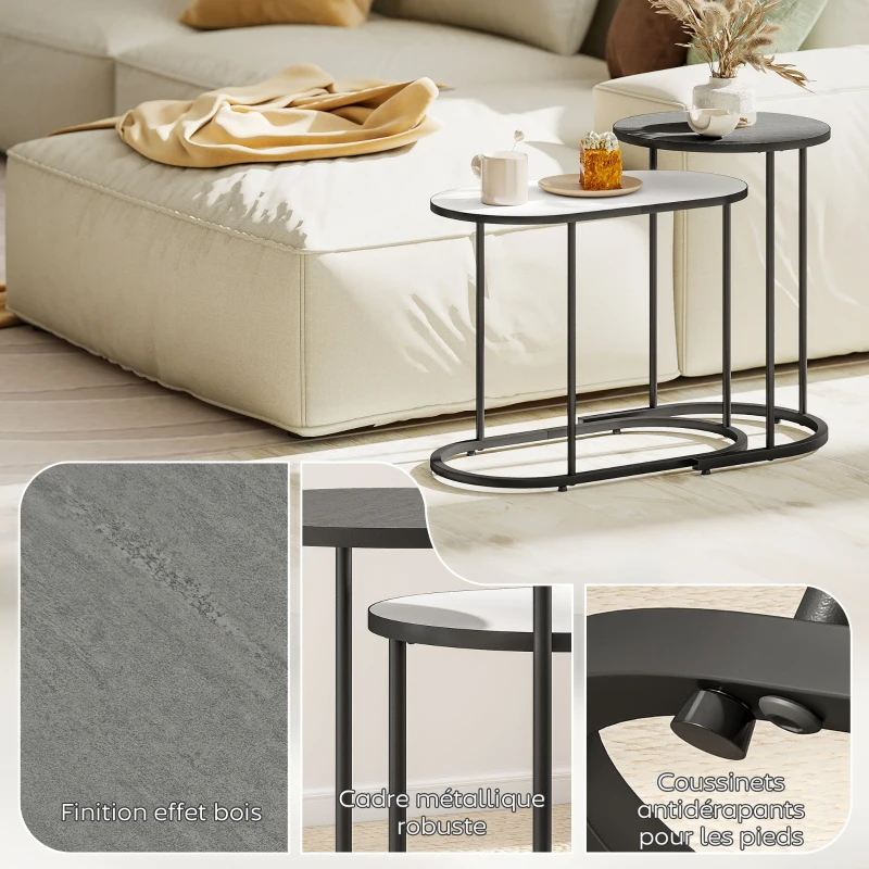 HOMCOM Lot de 2 tables basses gigognes, tables d'appoint empilable style contemporain, cadre en métal gris et blanc