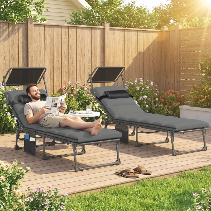 Outsunny Lot de 2 transats pliants avec pare-soleil, chaises longues inclinables avec coussin, poche latérale et poignée de transport, gris foncé