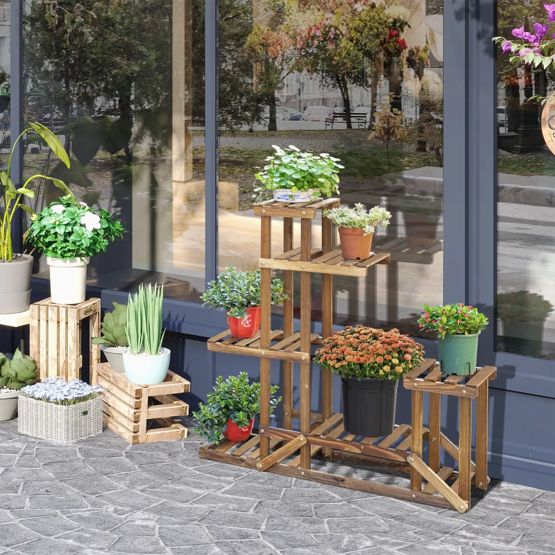 Outsunny Étagère à Fleurs en Bois Supports de Pots Porte Plante Bois 6 tablettes - dim. 98L x 28l x 96,5H cm Bois de Sapin traité carbonisation pour Intérieur Jardin Terrasse Balcon