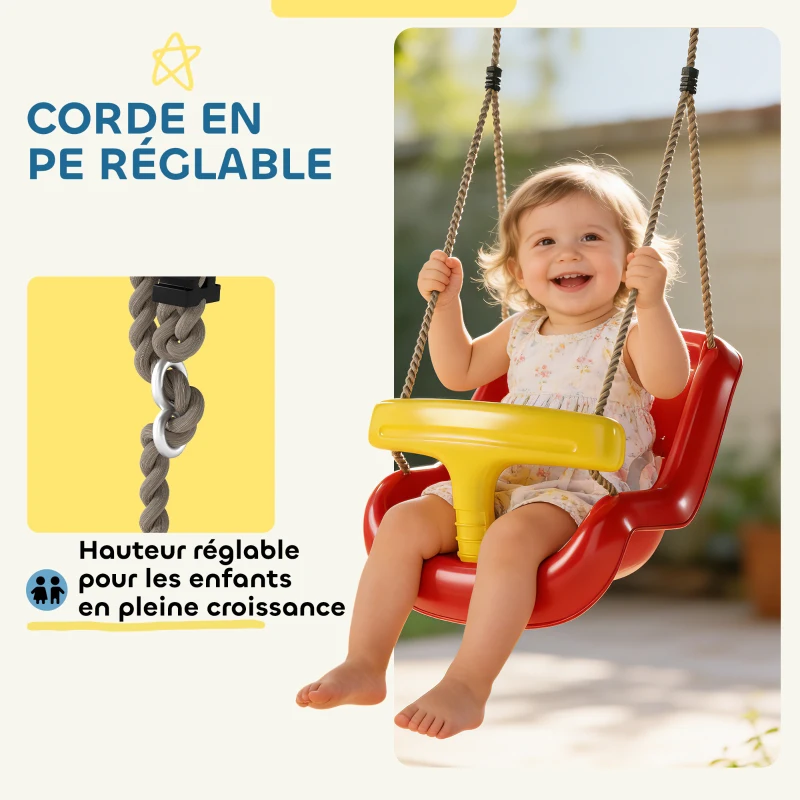 AIYAPLAY Balançoire pour enfants, balançoire bébé extérieure, dossier haut, barre de sécurité, hauteur ajustable, rouge et jaune