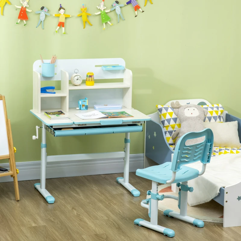 HOMCOM Set Scrivania e Sedia per Bambini da 3 Anni Regolabile, Tavolo Inclinabile a 60° con Cassetto e Ripiani, Blu