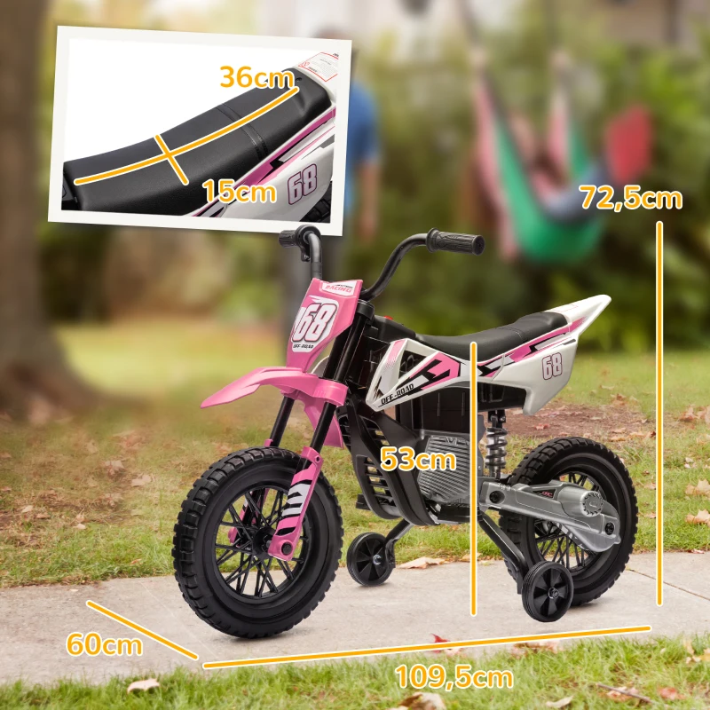 AIYAPLAY Moto elétrica infantil moto cross para crianças de 3 a 6 anos 2 motores 12V velocidade 5 km/h 109,5x60x72,5cm rosa