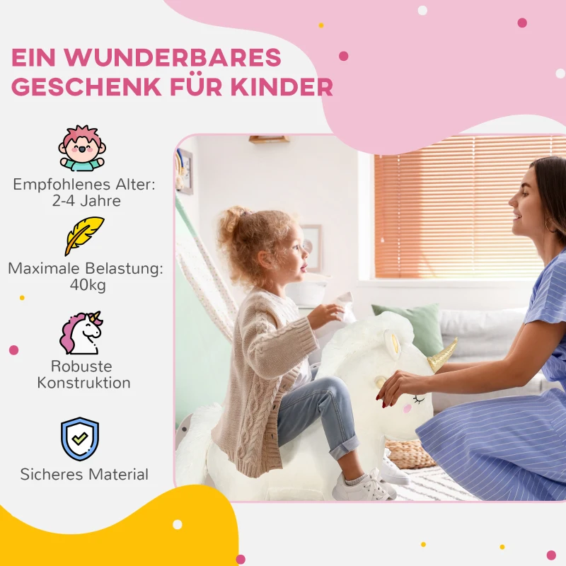 AIYAPLAY Schommelpaard in Eenhoornontwerp, met Geluidseffecten, Zachte Zitplaats, voor Kinderen van 2-4 Jaar, Wit