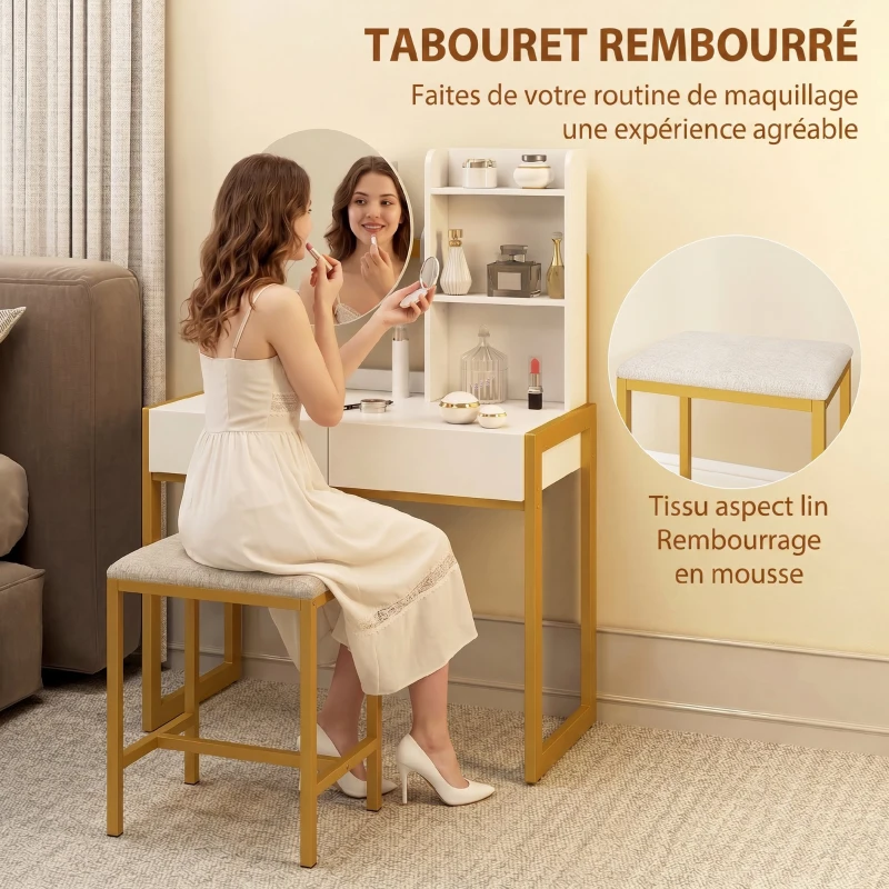 HOMCOM Coiffeuse avec miroir et tabouret, station de charge, table de maquillage avec 2 tiroirs, 3 étagères ouvertes, blanc