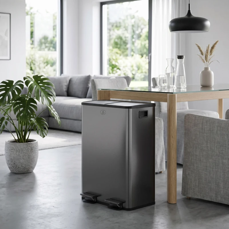 HOMCOM 2 x 28 L Doppelmülleimer, Pedalöffnung, leicht zu reinigen, Edelstahl, Kunststoff, Schwarz