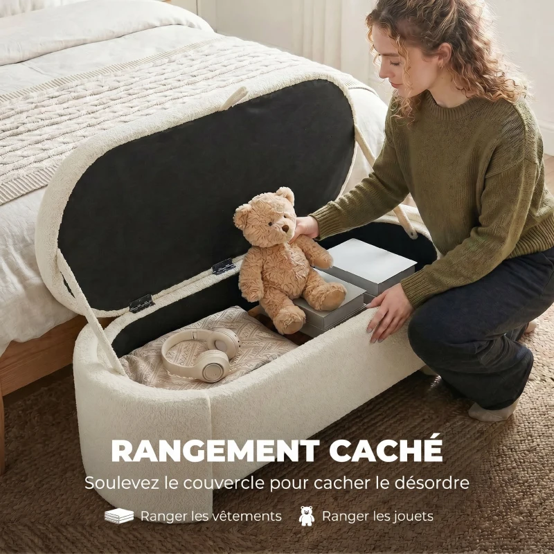 HOMCOM Banc de rangement, bout de lit ovale en polaire Teddy avec assise large, 129 x 48,5 x 44 cm, crème