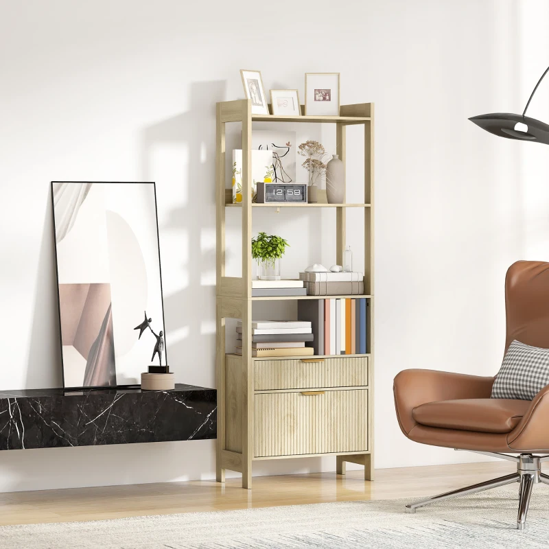 HOMCOM Bibliothèque haute, meuble de rangement avec 4 étagères ouvertes et 2 tiroirs cannelés, 60 x 30 x 160 cm, bois naturel