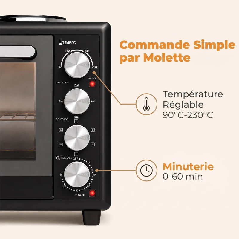 HOMCOM Mini-Four avec 2 Plaques de Cuisson et Broche Rotative 46L 2850 W, Four à Convection Multifonction, Minuterie, Noir