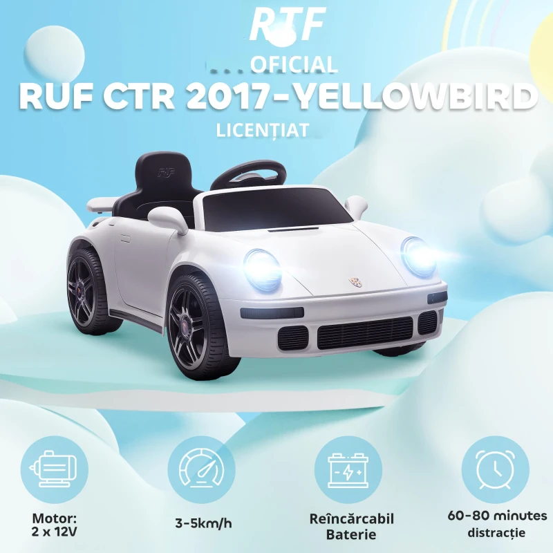 AIYAPLAY Mașină electrică pentru copii, vehicul electric 12V, telecomandă 2,4G, faruri, muzică, claxon, 103 x 55 x 44 cm, alb