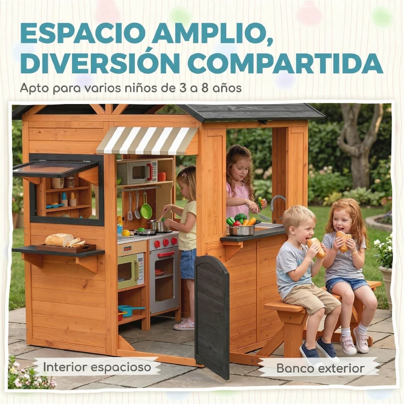 AIYAPLAY Casita Infantil Exterior e Interior de Madera con Cocina de Juguete y Banco de Picnic Ventanas de Servicio Marrón