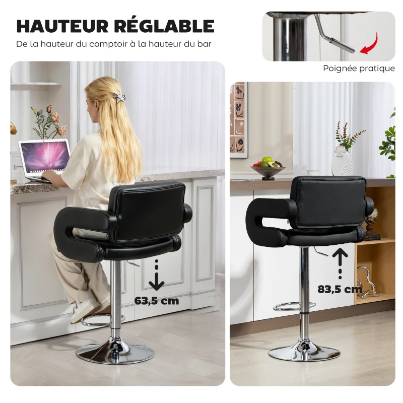 HOMCOM Tabouret de Bar Haut avec Dossier et Accoudoirs, Pivotant avec Hauteur Réglable et Repose-Pieds, Simili Cuir Noir